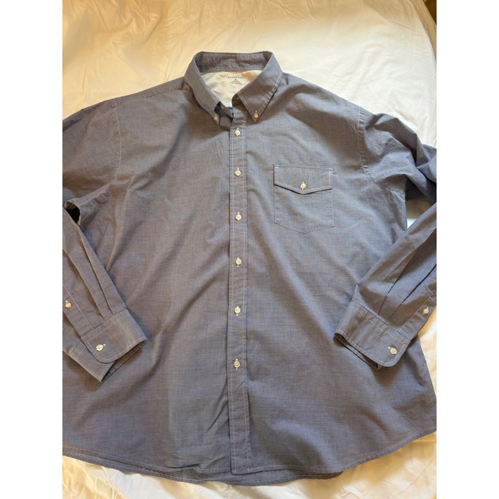 Lands End Mens 2XL Blue White Checked Long Sleeve Button Up Collared Shirt